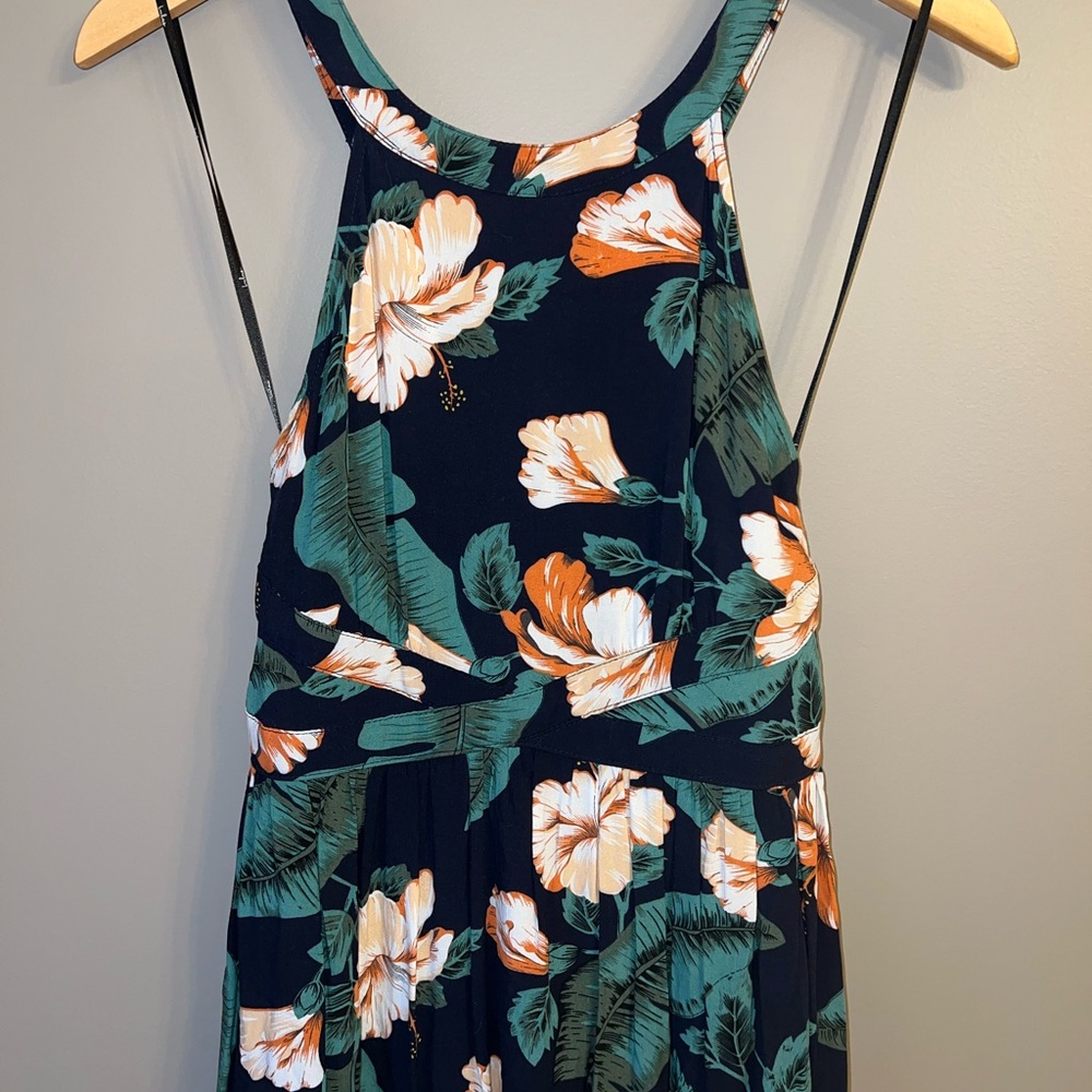 Lulu's Navy Floral Halter Maxi Dress with Green Leaves and Peach Blooms - Picture 4 of 9